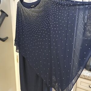 Xscape Navy Beaded Asymmetrical Evening Dress